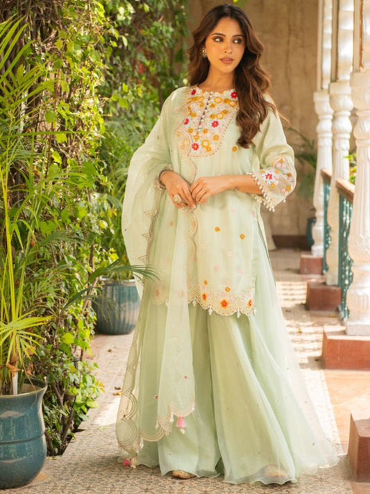 AJIESH OBEROI Floral Embroidered Thread Work Kurta With Palazzos & Dupatta