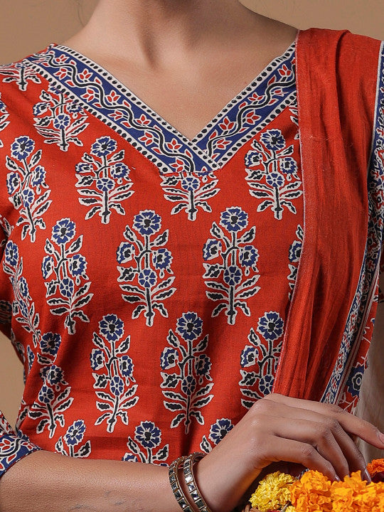 Indo Era Women Rust Ethnic Motifs Printed Regular Pure Cotton Kurta with Trousers & With Dupatta