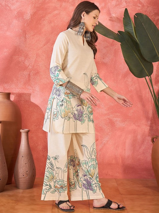 Floral Printed Pure Cotton Tunic & Palazzo Co-Ord Set