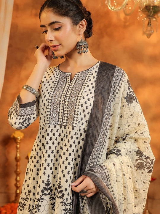 Floral Printed Pure Cotton Kurta With Trousers & Dupatta