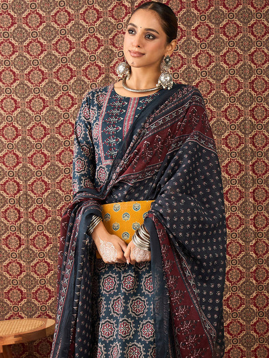 Indo Era Women Floral Printed Regular Pure Cotton Kurta with Trousers & Dupatta Kurta Sets