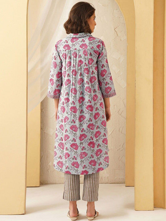Floral Printed Shirt Collar Sequinned Pure Cotton A-line Kurta