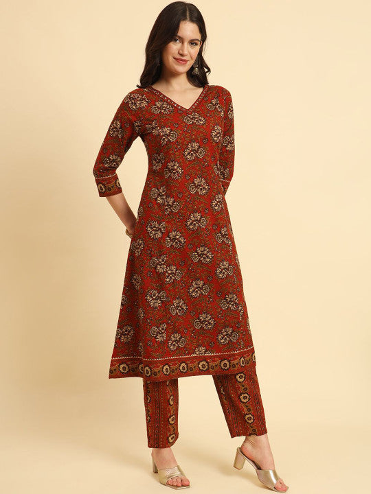 Yufta Women Floral Printed Regular Sequinned Pure Cotton Kurta with Trousers & With Dupatta