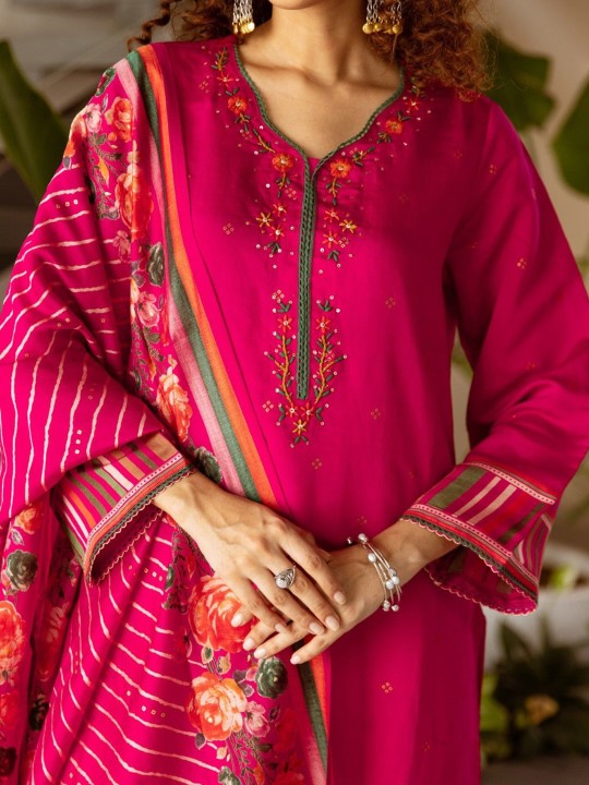 AUTUMN LANE Kabool Rani Floral Printed Pure Cotton Kurta With Trousers & Dupatta