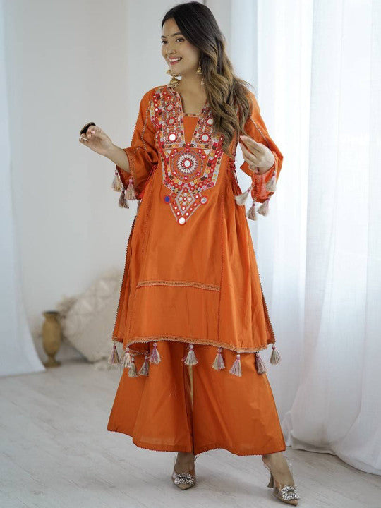 SWEETPEL Women Ethnic Motifs Embroidered Mirror Work Raw Silk Kurta with Palazzos