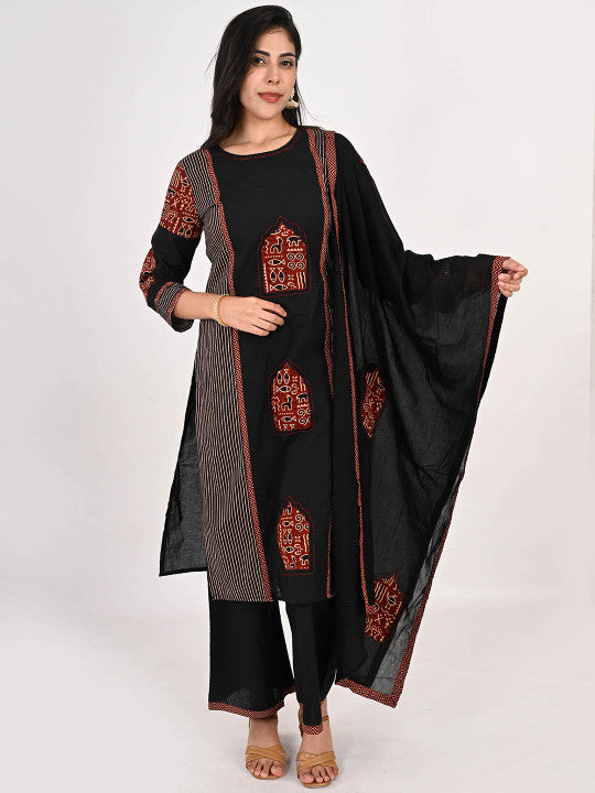 INDULI Geometric Printed Round Neck Pure Cotton Straight Kurta With Trousers & Dupatta