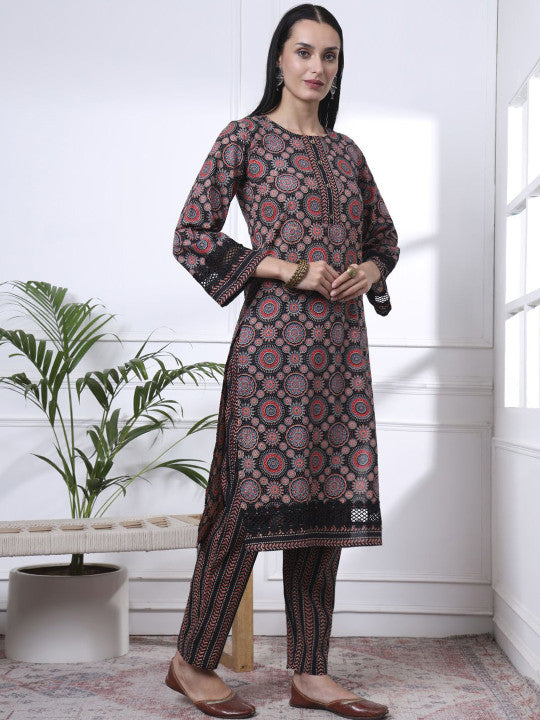 Yufta Women Ethnic Motifs Printed Regular Pure Cotton Kurta with Trousers & With Dupatta