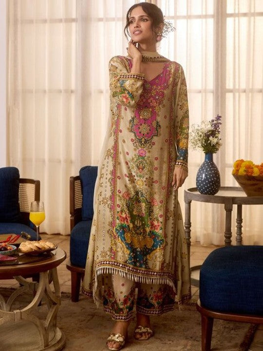 Anouk Floral Embroidered V-Neck Mirror Work Straight Kurta With Palazzos & Dupatta