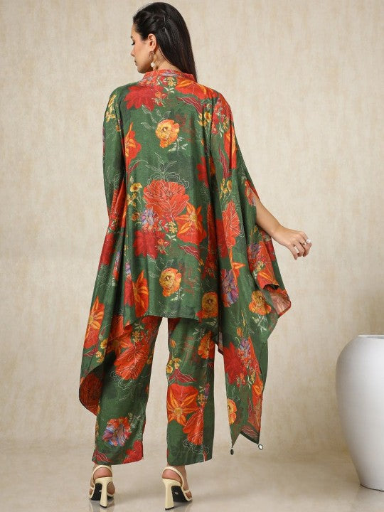 Floral Printed V-Neck Three-Quarter Sleeves Top With Trouser