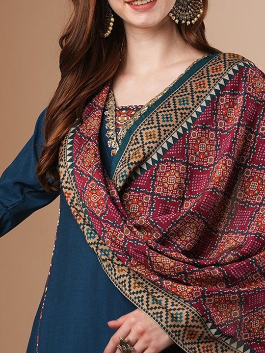 FASHOR Floral Embroidered V-neck Panelled A-Line Kurta