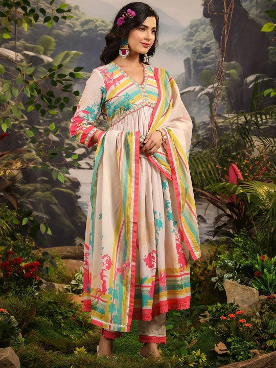 AARAAS Women Pure Cotton Anarkali Kurta with Trouser & Dupatta