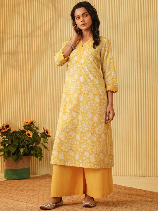 Floral Printed V-Neck Straight Kurta