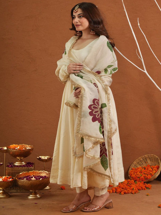 Panelled Pure Silk Anarkali Kurta With Palazzos & Dupatta