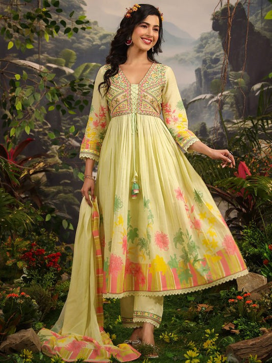 AARAAS Floral Printed V-Neck Pure Cotton Anarkali Kurta With Palazzos & Dupatta