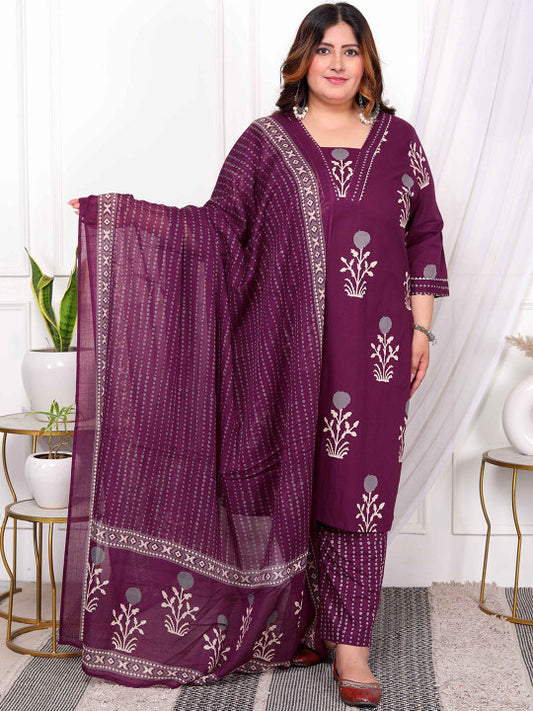Doriyaan Plus Size Floral Printed V-Neck Pure Cotton Kurta With Palazzos And Dupatta