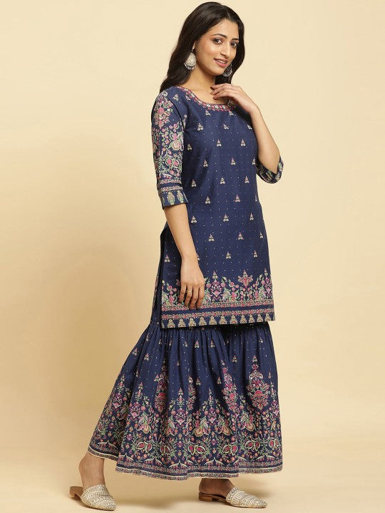 W Floral Printed Thread Work Pure Cotton Straight Kurta with Sharara & With Dupatta