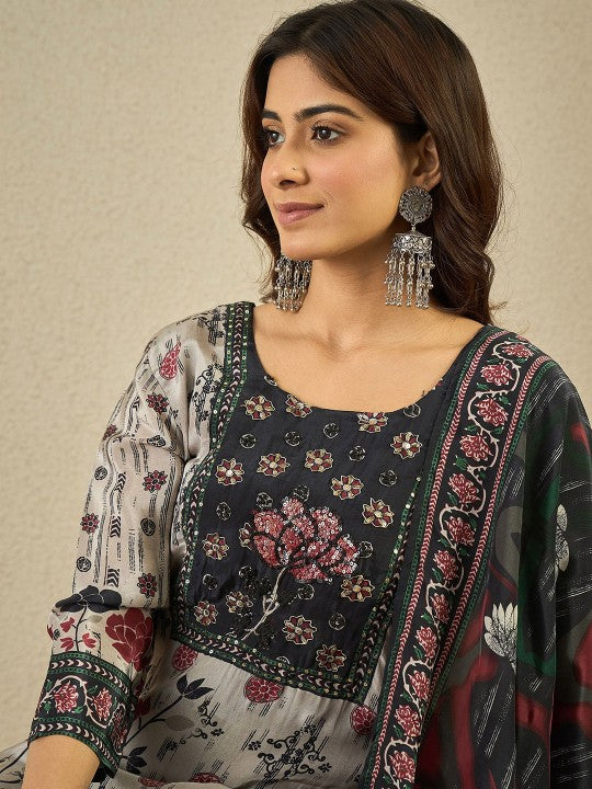 Inddus Women Floral Printed Hand Embroidered Kurta Set with Dupatta