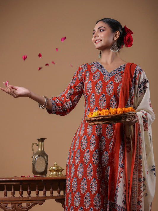 Indo Era Women Rust Ethnic Motifs Printed Regular Pure Cotton Kurta with Trousers & With Dupatta