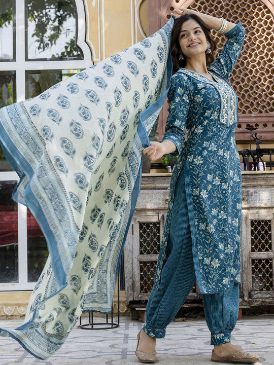 Anouk Women Floral Embroidered Regular Pure Cotton Kurta with Patiala & With Dupatta