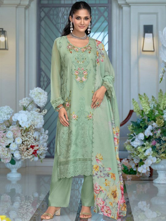 Indo Era Women Floral Embroidered Thread Work Kurta with Trousers & Dupatta