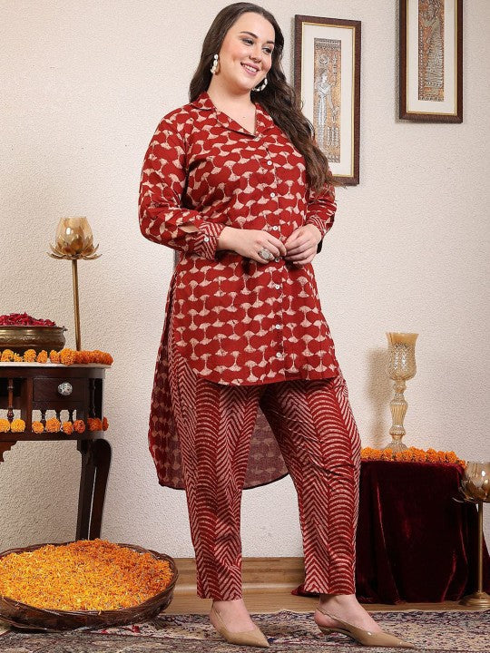 Sringam Printed Lapel Collar Long Sleeves Pure Cotton Top With Trouser