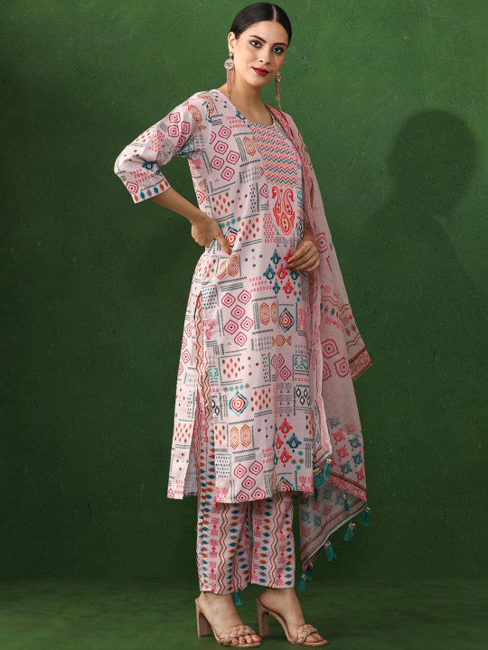 Jaipur Kurti Geometric Printed Pure Cotton Straight Kurta With Trousers & Dupatta