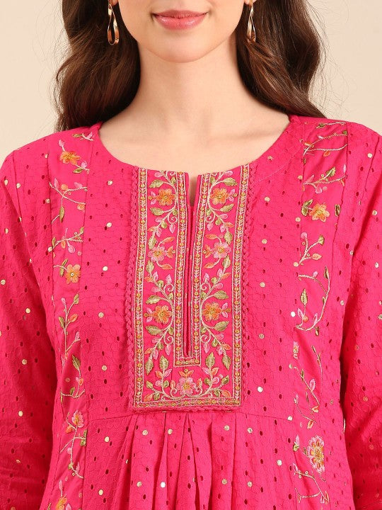 Anouk Women Floral Embroidered Pure Cotton Kurta Set With Dupatta
