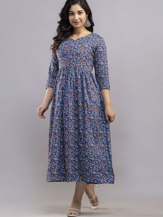 DEVEK Women Printed Cotton Midi Ethnic Dress