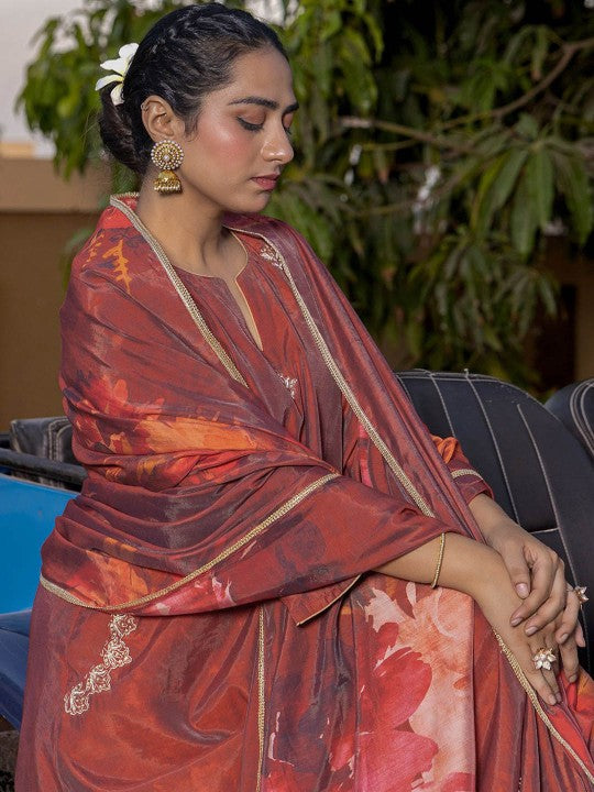 EARTH O FAB Women Printed Regular Chanderi Silk Kurta
