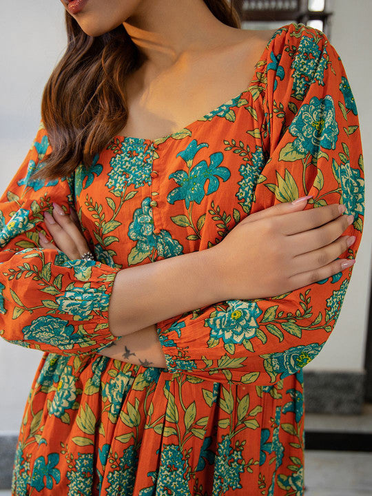 Floral Printed Pure Cotton Gathered Ethnic Dress