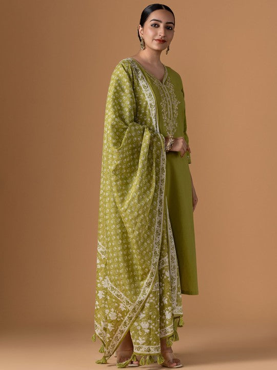 WOMEN PLUS Women Ethnic Motifs Printed Cotton Kurta with Trousers & Dupatta