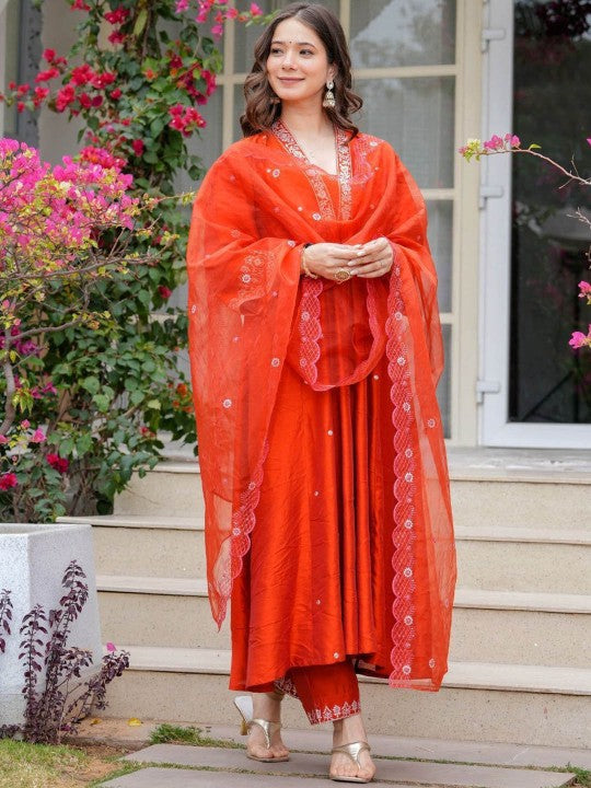 Yara Creation Floral Embroidered V-Neck Sequinned A-Line Kurta With Trousers And Dupatta