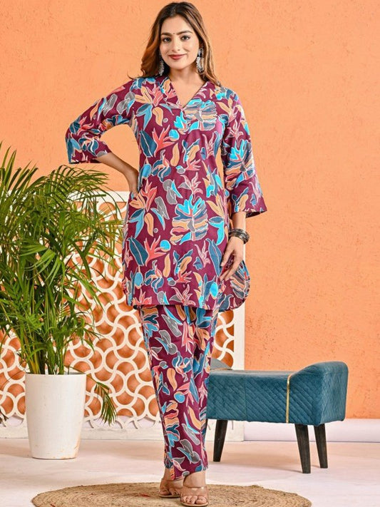 Floral Printed Pure Cotton V-Neck Tunic With Trouser