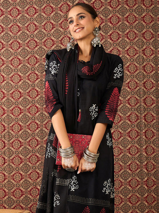 Indo Era Floral Printed Tie-Up Neck Pure Cotton Straight Kurta & Trousers With Dupatta