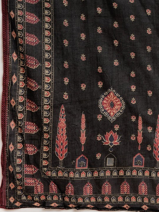FASHOR Floral Printed Mirror Work Pure Cotton Anarkali Kurta With Trousers & Dupatta