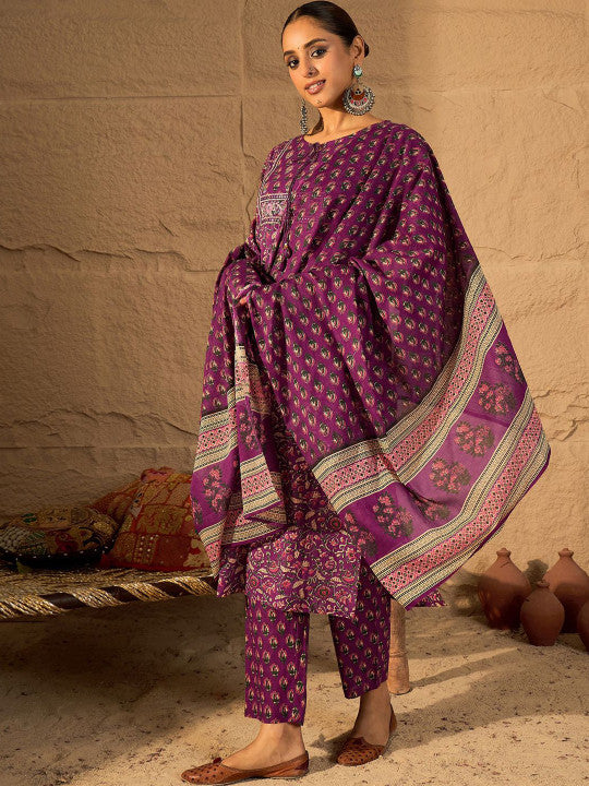 Indo Era Women Floral Printed Regular Pure Cotton Straight Kurta with Trousers & Dupatta