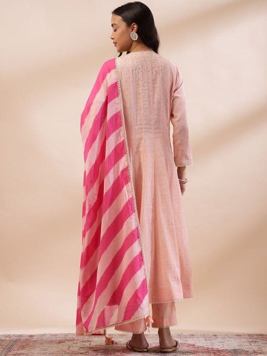 Neck Sequinned Chanderi Cotton Anarkali Kurta