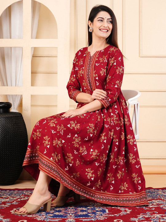ZELA Floral Printed Notch Neck Anarkali Ethnic Dress