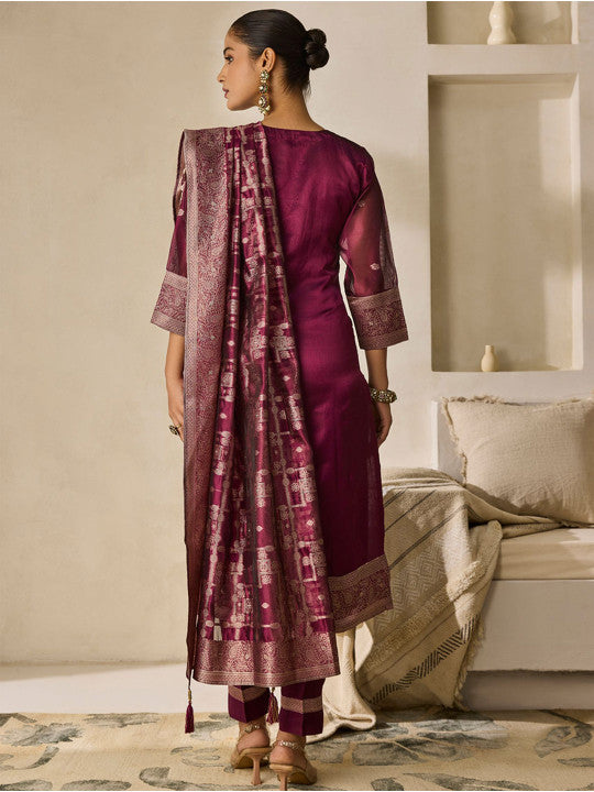 WOMEN PLUS Women Floral Embroidered Regular Beads and Stones Top with Trousers & Dupatta