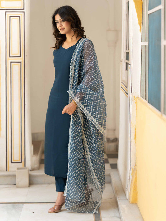 ASPORA Pure Silk Jacquard Straight Kurta With Trousers & Dupatta