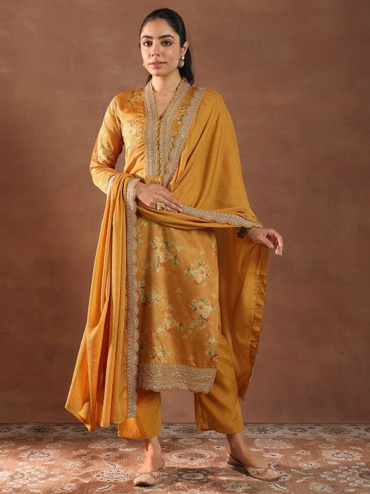 Floral Printed V-Neck Thread Work Kurta