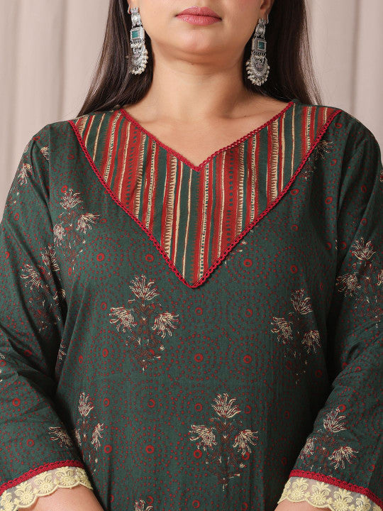 Yufta Plus Size Floral Printed V-Neck Pure Cotton Straight Kurta With Trousers And Dupatta