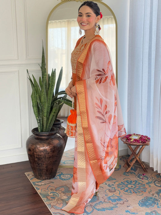 Anara Women Floral Embroidered Regular Sequinned Kurta with Trousers & Dupatta