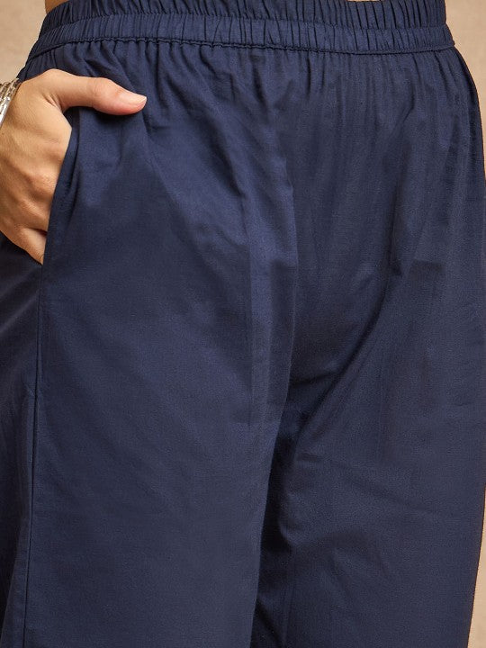 all about you Navy Blue Embroidered Round Neck Anarkali Kurta with Trousers & Dupatta