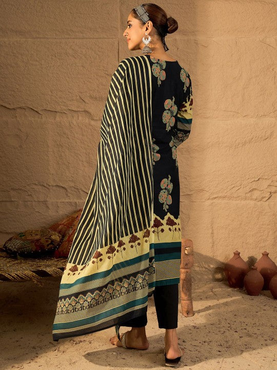 Indo Era Women Floral Printed Pure Cotton Kurta with Trouser & Dupatta