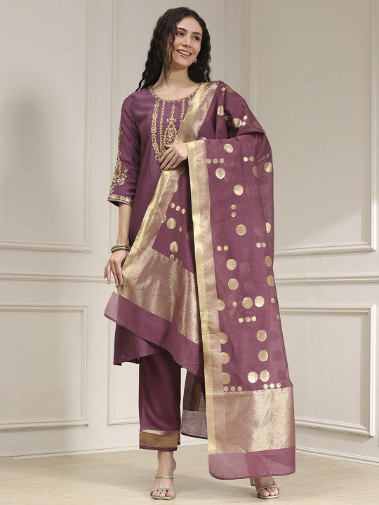 Biba Women Embroidered Straight Kurta with Trousers & Dupatta