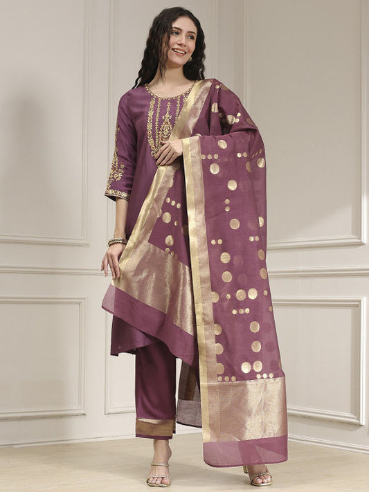 Biba Women Embroidered Straight Kurta with Trousers & Dupatta