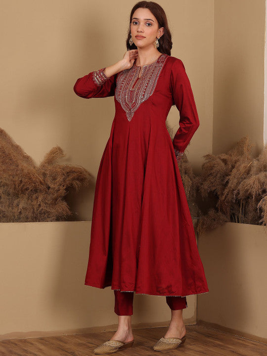 W Red Round Neck Three-Quarter Sleeves Regular Sequinned Kurta With Trouser With Dupatta