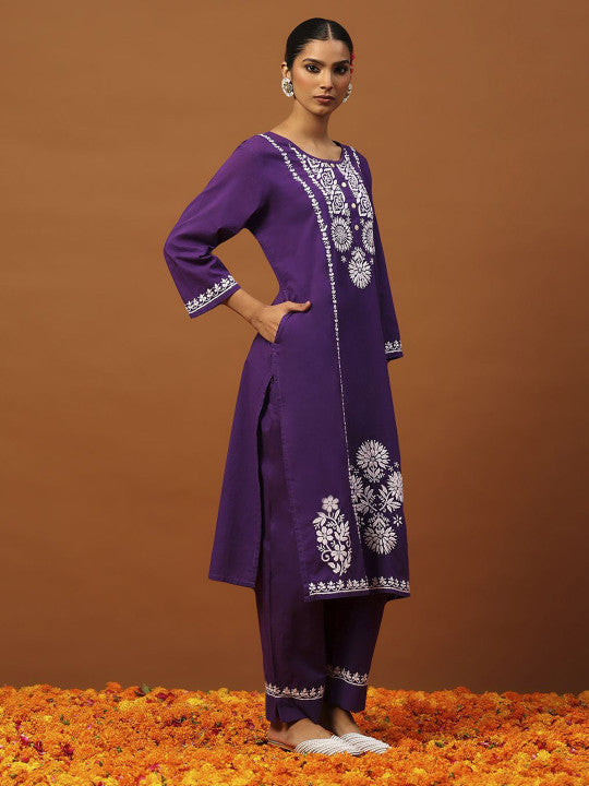 House of Chikankari Women Floral Embroidered Cotton Kurta with Trousers