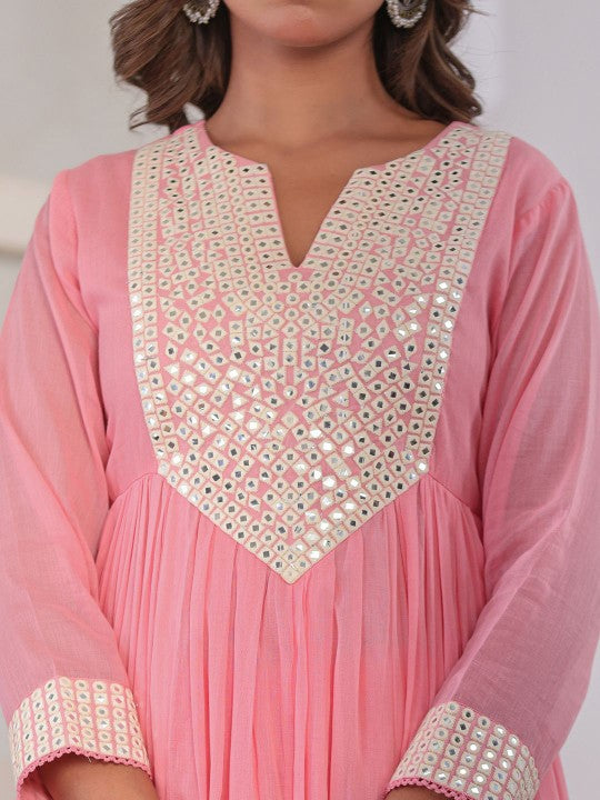 CHETI Geometric Yoke Design Pleated Mirror Work Anarkali Kurta With Trousers & Dupatta
